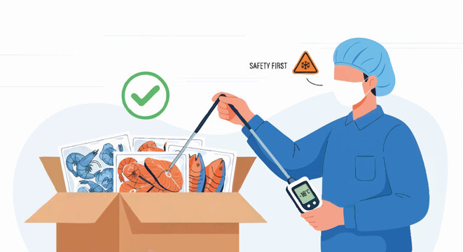 Quality control inspection of frozen seafood. A worker checking temperature with a digital thermometer for food safety. Flat design vector illustration