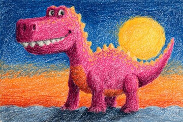Child's crayon drawing featuring a friendly pink dinosaur smiling under a bright yellow sun