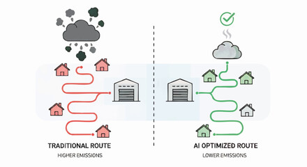 AI route optimization vs traditional delivery infographic. Vector illustration showing reduced carbon footprint. Logistics and sustainability concept