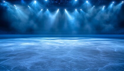 The image shows an empty ice rink at night, illuminated by several bright blue spotlights from above, casting beams of light onto the ice surface.
