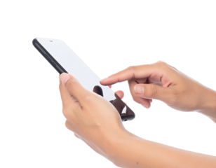 Hand holding and interacting with a black smartphone against a transparent background