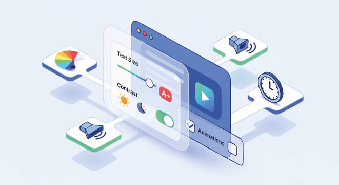 Isometric vector illustration of web accessibility settings. UI and UX design for inclusive digital platforms. User interface with options for text size, contrast, and animation control.