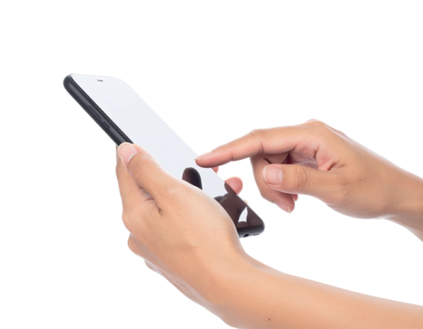 Hand holding and interacting with a black smartphone against a transparent background