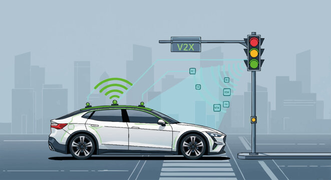 V2X communication technology with an autonomous car. Self-driving vehicle connecting to smart city traffic light infrastructure. Future of transportation vector illustration