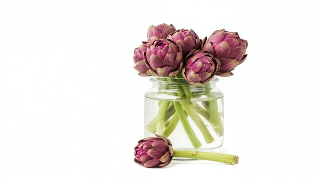 A collection of vibrant purple artichokes displayed in a clear glass container on a surface, with a single bloom resting beside it, white backdrop, ample space for text, emphasis on the distant