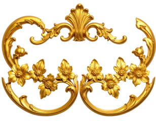 Ornate, symmetrical golden flourish design with stylized floral and leaf elements on a dark background