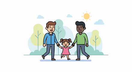 Happy interracial gay family with two fathers and a daughter. Modern parenting and diversity concept. Cartoon vector illustration