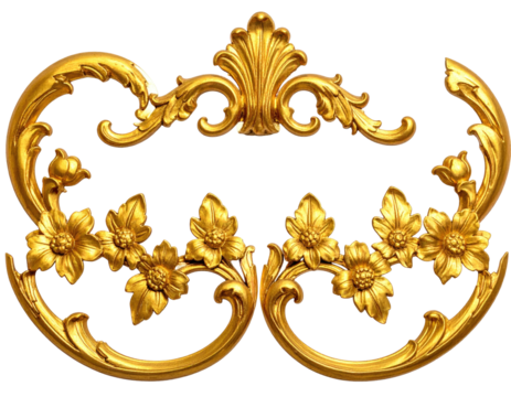 Ornate, symmetrical golden flourish design with stylized floral and leaf elements on a dark background - Powered by Adobe