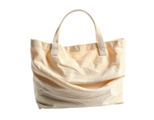 A plain, off-white, reusable tote bag, with a handle, on a transparent background