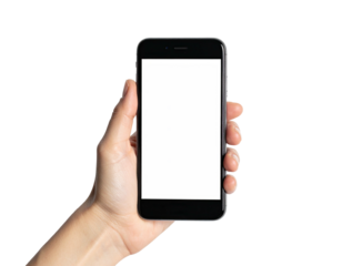 A hand holding a sleek, modern, black smartphone against a pure black background