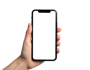 A hand holds a phone with a blank white screen against a black background