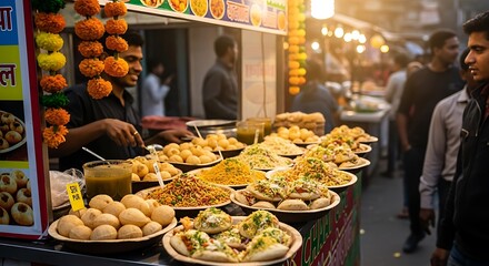 Fototapeta premium Street Food Fiesta: A vibrant food stall bustles with activity, showcasing a colorful array of delectable street food options, tantalizing the senses of hungry patrons.