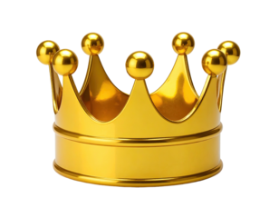 A shiny gold royal crown, with six prominent points and perfectly round gold orbs