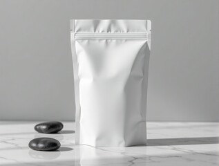 Mockup white stand-up pouch package on marble