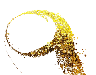 Abstract swirl of golden glitter and particles against a black background, curved arc