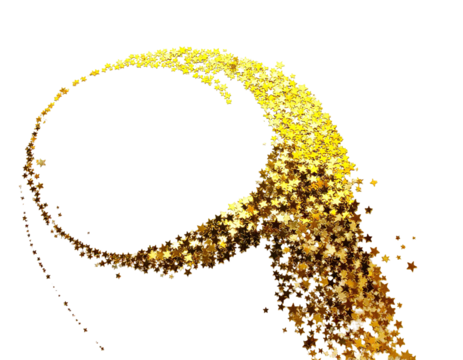 Abstract swirl of golden glitter and particles against a black background, curved arc