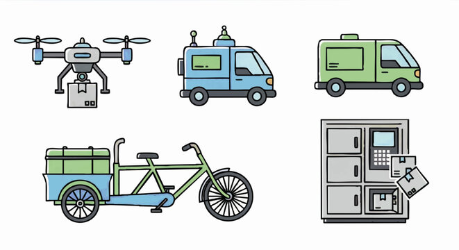 Vector icon set of last mile delivery methods. Drone, autonomous vehicle, and smart locker illustrations. Hand-drawn cartoon style for logistics and e-commerce
