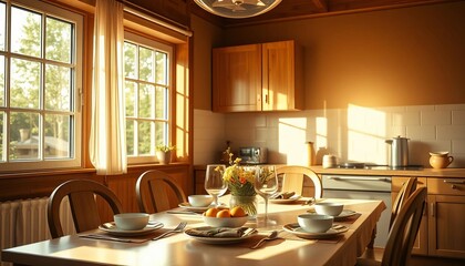 Warm sunlight streams through kitchen window illuminating a table set for a family breakfast, bowls, morning light