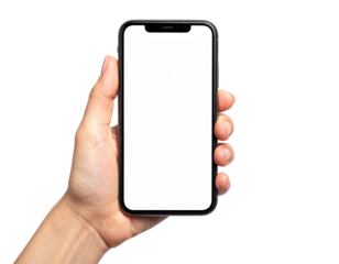 Hand holding a smartphone with a blank, white screen against a black background