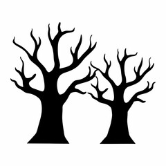 Two eerie silhouette trees against a white background evoke a spooky scene