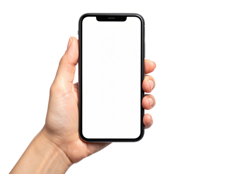 Hand holding a smartphone with a blank, white screen against a black background - Powered by Adobe