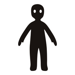 Stylized black silhouette of a humanoid figure with large white eyes