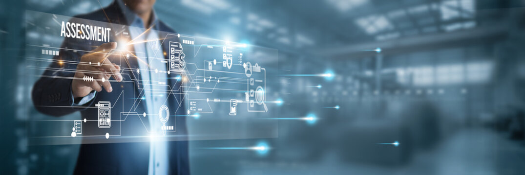 Assessment technology with virtual screens on network connection assessment systems evaluates performance, analytics insights, progress tracking, and efficiency improvements through digital tools.