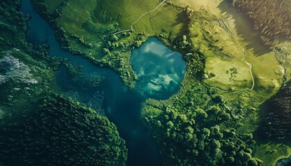 The image shows a bird's-eye perspective of a tranquil lake surrounded by dense forests and rolling green hills, with a small stream feeding into it.