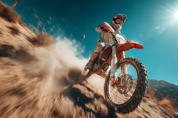 Motocross rider speeding across a dry desert landscape, kicking up dust and dirt