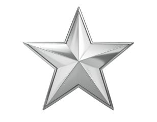 A metallic, five-pointed star, rendered in polished silver, isolated against a stark black background