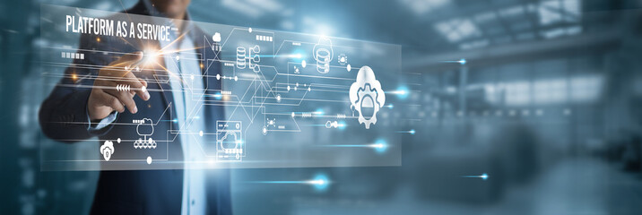 Platform as a Service technology with a virtual screen on a network connection PaaS solutions simplify app development, scalability, integration, and cloud-based digital innovation deployment.