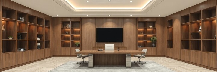 A spacious corporate boardroom features a large conference table and chairs, a flat screen monitor, and wood paneled walls with built-in bookshelves displayed.