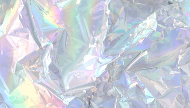 Silver iridescent foil texture with pastel rainbow hologram effect in abstract style, raster graphic.