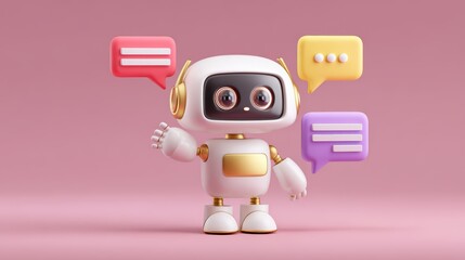 Cute 3D AI Robot Assistant Chatting with Colorful Speech Bubbles on Pink Background.