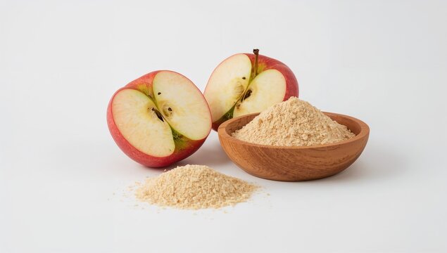 Bright red apple segments cut in half alongside apple pectin fiber powder presented in a wooden bowl on a white background.