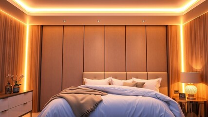 Beautifully lit bedroom featu a cozy bed, warm ambient lighting, and neutral color tones creating a relaxing and inviting atmosphere for sleep and rest.