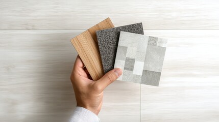 A hand holds three different types of tiles: wood, textured gray, and patterned light gray. The concept of interior design and material selection is highlighted.