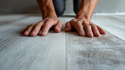 Concept of mindfulness and meditation with a focus on hands resting on a wooden floor.