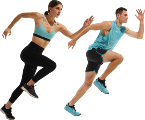 Man and woman sprinting together in athletic training action pose. Concept of speed, motivation, shared determination symbolizing teamwork, endurance, and peak fitness. Transparent background