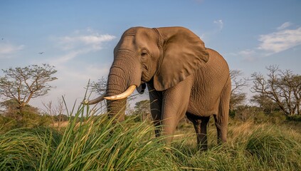 Fototapeta premium Elephant grazing in its natural habitat with grass and plants