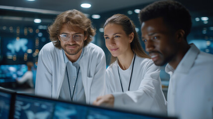 Obraz premium A multicultural management team in an airport control center analyzing digital dashboards, symbolizing leadership, teamwork, and innovation. three-quarter wide angle, cinematic color correction,