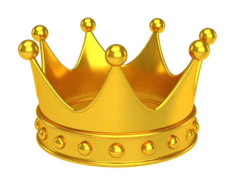A rendered golden crown with spikes and spheres, isolated on black background