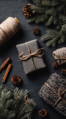 Christmas gifts arranged on a dark surface. Wrapped presents in gray and brown with twine. Pine branches, cones, and cinnamon sticks nearby. Copy space available.