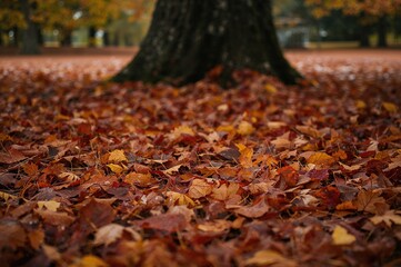 A damp layer of fallen leaves displays a variety of muted yet warm autumn shades.
