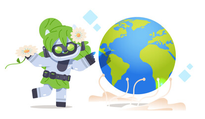 Smart robot girl pointing at Earth globe. Save the planet vector illustration for presentation