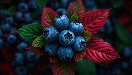 Close-up of colorful fresh wild blueberries with green and red leaves against a dark green leafy backdrop