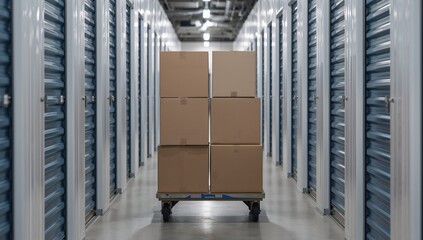 Warehouse corridor with dolly trolley carrying packed cardboard containers for moving or organizing an apartment, empty area for text