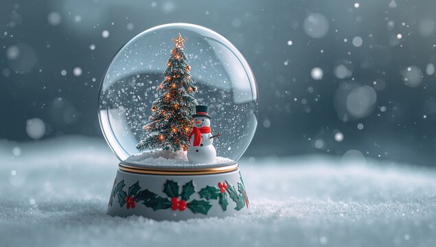 Digitally created snow globe featuring a Christmas tree and snowman