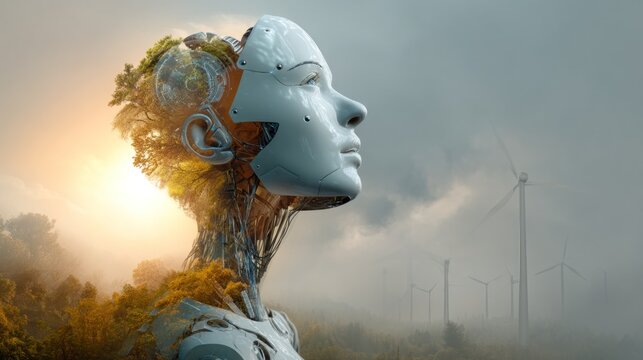A futuristic robot merges with nature, featuring a mechanical face and a head adorned with trees, set against wind turbines under a dramatic sky. - Powered by Adobe
