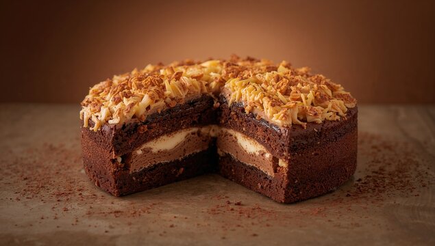 A dessert featuring cheese and chocolate, cooked by baking or steaming, topped with grated cheese.